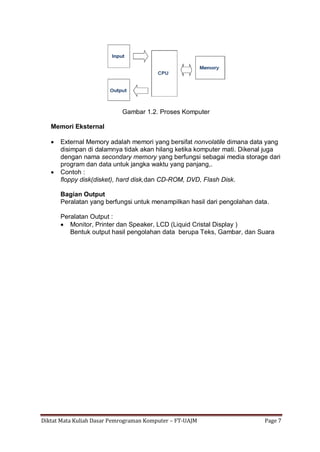Diktat Mata Kuliah Dasar Pemrograman Komputer – FT-UAJM Page 7
Gambar 1.2. Proses Komputer
Memori Eksternal
 External Memory adalah memori yang bersifat nonvolatile dimana data yang
disimpan di dalamnya tidak akan hilang ketika komputer mati. Dikenal juga
dengan nama secondary memory yang berfungsi sebagai media storage dari
program dan data untuk jangka waktu yang panjang,.
 Contoh :
floppy disk(disket), hard disk,dan CD-ROM, DVD, Flash Disk.
Bagian Output
Peralatan yang berfungsi untuk menampilkan hasil dari pengolahan data.
Peralatan Output :
 Monitor, Printer dan Speaker, LCD (Liquid Cristal Display )
Bentuk output hasil pengolahan data berupa Teks, Gambar, dan Suara
 