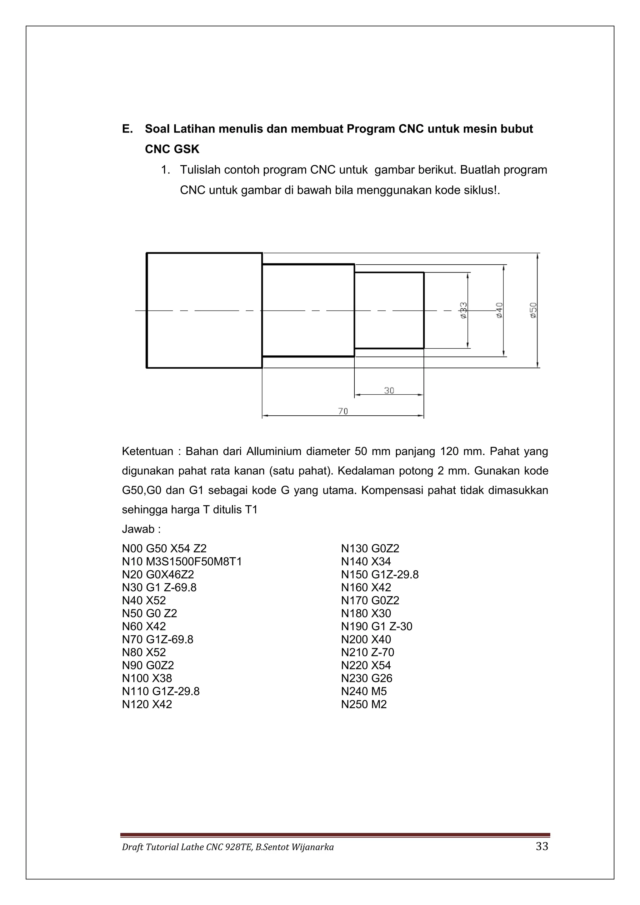 Draft Tutorial Lathe CNC 928TE, B.Sentot Wijanarka 33
E. Soal Latihan menulis dan membuat Program CNC untuk mesin bubut
CNC GSK
1. Tulislah contoh program CNC untuk gambar berikut. Buatlah program
CNC untuk gambar di bawah bila menggunakan kode siklus!.
Ketentuan : Bahan dari Alluminium diameter 50 mm panjang 120 mm. Pahat yang
digunakan pahat rata kanan (satu pahat). Kedalaman potong 2 mm. Gunakan kode
G50,G0 dan G1 sebagai kode G yang utama. Kompensasi pahat tidak dimasukkan
sehingga harga T ditulis T1
Jawab :
N00 G50 X54 Z2
N10 M3S1500F50M8T1
N20 G0X46Z2
N30 G1 Z-69.8
N40 X52
N50 G0 Z2
N60 X42
N70 G1Z-69.8
N80 X52
N90 G0Z2
N100 X38
N110 G1Z-29.8
N120 X42
N130 G0Z2
N140 X34
N150 G1Z-29.8
N160 X42
N170 G0Z2
N180 X30
N190 G1 Z-30
N200 X40
N210 Z-70
N220 X54
N230 G26
N240 M5
N250 M2
 