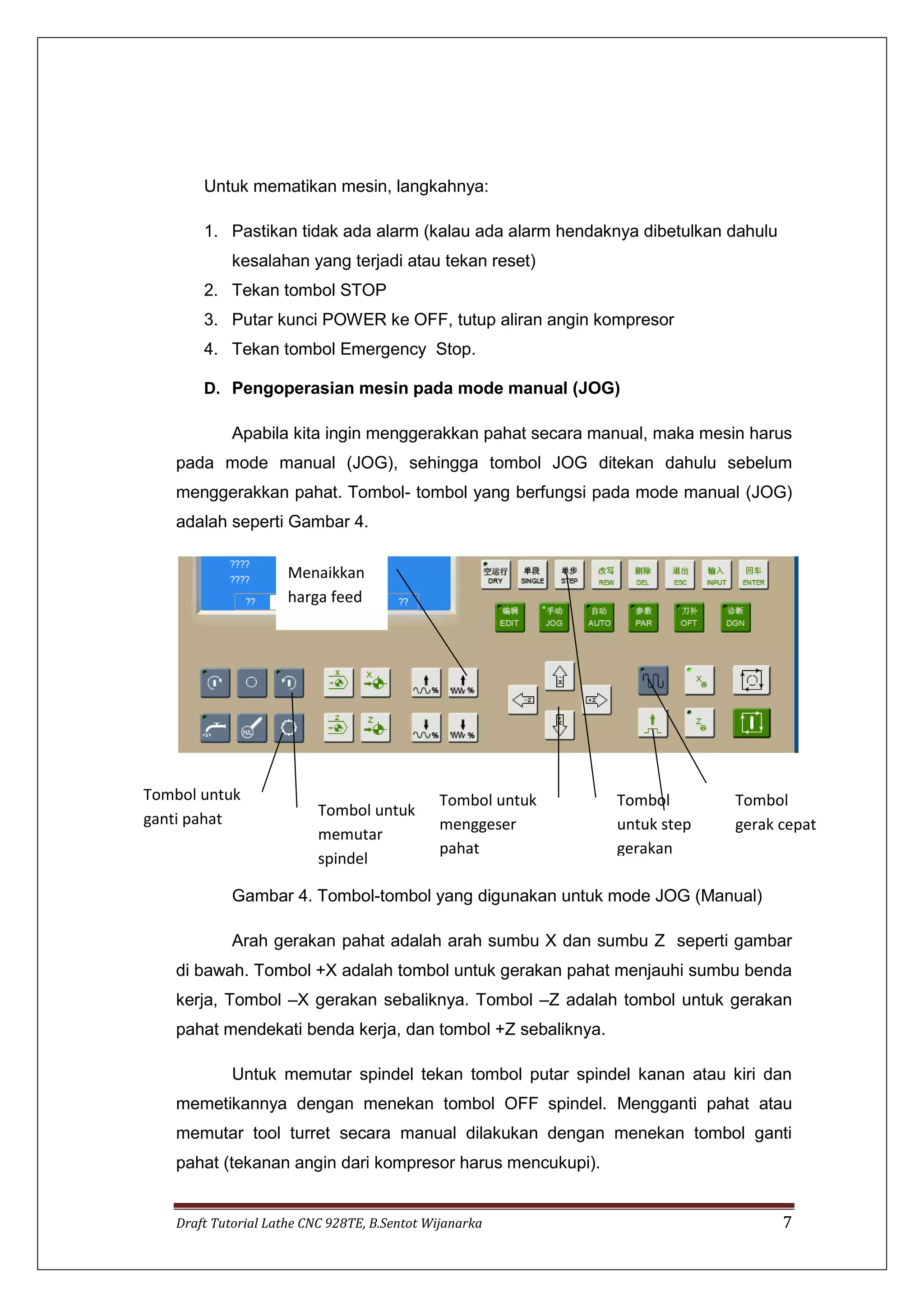 Draft Tutorial Lathe CNC 928TE, B.Sentot Wijanarka 7
Untuk mematikan mesin, langkahnya:
1. Pastikan tidak ada alarm (kalau ada alarm hendaknya dibetulkan dahulu
kesalahan yang terjadi atau tekan reset)
2. Tekan tombol STOP
3. Putar kunci POWER ke OFF, tutup aliran angin kompresor
4. Tekan tombol Emergency Stop.
D. Pengoperasian mesin pada mode manual (JOG)
Apabila kita ingin menggerakkan pahat secara manual, maka mesin harus
pada mode manual (JOG), sehingga tombol JOG ditekan dahulu sebelum
menggerakkan pahat. Tombol- tombol yang berfungsi pada mode manual (JOG)
adalah seperti Gambar 4.
Gambar 4. Tombol-tombol yang digunakan untuk mode JOG (Manual)
Arah gerakan pahat adalah arah sumbu X dan sumbu Z seperti gambar
di bawah. Tombol +X adalah tombol untuk gerakan pahat menjauhi sumbu benda
kerja, Tombol –X gerakan sebaliknya. Tombol –Z adalah tombol untuk gerakan
pahat mendekati benda kerja, dan tombol +Z sebaliknya.
Untuk memutar spindel tekan tombol putar spindel kanan atau kiri dan
memetikannya dengan menekan tombol OFF spindel. Mengganti pahat atau
memutar tool turret secara manual dilakukan dengan menekan tombol ganti
pahat (tekanan angin dari kompresor harus mencukupi).
Tombol untuk
menggeser
pahat
Tombol
gerak cepat
Tombol
untuk step
gerakan
Tombol untuk
memutar
spindel
Menaikkan
harga feed
Tombol untuk
ganti pahat
 