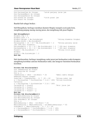 Dasar Pemrograman Visual Basic                                          Hendra, S.T.

Dim   PanjangJJam As Integer         'untuk panjang jarum jam
Dim   PanjangJMenit As Integer
Dim   PanjangJDetik As Integer
Dim   PusatX As Integer              'titik pusat jam
Dim   PusatY As Integer

Buatlah Sub sebagai berikut :

Sub HitungSkala, berfungsi membuat diameter Bingkai menjadi cocok pada form,
menghitung panjang masing-masing jarum, dan menghitung titik pusat bingkai.

Sub HitungSkala()
Bingkai.Top = 0
Bingkai.Left = 0
Bingkai.Height = Me.ScaleHeight                       'Hitung diameter bingkai
Bingkai.Width = Me.ScaleWidth
PanjangJJam = (4 / 10 * Me.ScaleHeight)  2           'Hitung panjang jarum
Jam (40% dari diameter)
PanjangJMenit = (6 / 10 * Me.ScaleHeight)  2         ' 60% dari diameter
PanjangJDetik = (8 / 10 * Me.ScaleHeight)  2         ' 80% dari diameter
PusatX = Me.ScaleWidth  2                            'Hitung titik pusat
Bingkai
PusatY = Me.ScaleHeight  2
End Sub

Sub AturJarumJam, berfungsi menghitung sudut jarum jam berdasarkan waktu komputer,
menghitung koordinat cartesius berdasarkan sudut, dan mengeser JarumJam berdasarkan
koordinat.

Private Sub AturJarumJam()
Dim JamSekarang As Single
Dim SudutJam As Integer
Dim x, y
JamSekarang = (Now - Int(Now)) * 24          'Ambil waktu dengan
membuang bagian tanggal
SudutJam = (JamSekarang - 1) * -30 + 60      'Hitung sudut jam
x = PanjangJJam * Cos(SudutJam * 3.14 / 180) 'Hitung koordinat
Cartesius
y = PanjangJJam * Sin(SudutJam * 3.14 / 180)
JarumJam.X1 = PusatX                         'Atur jarum jam
JarumJam.Y1 = PusatY
JarumJam.X2 = PusatX + x
JarumJam.Y2 = PusatY - y
End Sub
Private Sub AturJarumMenit()
Dim WaktuSekarang As Single
Dim MenitSekarang As Integer
Dim SudutMenit As Integer
Dim x, y
WaktuSekarang = (Now - Int(Now)) * 24
MenitSekarang = (WaktuSekarang - Int(WaktuSekarang)) * 60
SudutMenit = (MenitSekarang - 1) * -6 + 84
x = PanjangJMenit * Cos(SudutMenit * 3.14 / 180)
y = PanjangJMenit * Sin(SudutMenit * 3.14 / 180)



Indoprog                                                                       131
 
