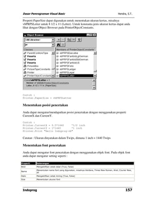 Dasar Pemrograman Visual Basic                                                          Hendra, S.T.

 Properti PaperSize dapat digunakan untuk menentukan ukuran kertas, misalnya
 vbPRPSLetter untuk 8 1/2 x 11 (Letter). Untuk konstanta jenis ukuran kertas dapat anda
 lihat dengan Object Browser pada PrinterObjectConstants.




 Contoh :
 Printer.PaperSize = vbPRPSLetter

 Menentukan posisi pencetakan

 Anda dapat mengatur/mendapatkan posisi pencetakan dengan menggunakan properti
 CurrentX dan CurrentY.

 Contoh :
 Printer.CurrentX = 0.5*1440     '1/2 inch
 Printer.CurrentY = 1*1440       '1 inch
 Printer.Print "Hello Indoprog-vb"

 Catatan : Ukuran dinyatakan dalam Twips, dimana 1 inch = 1440 Twips

 Menentukan font pencetakan

 Anda dapat mengatur font pencetakan dengan menggunakan objek font. Pada objek font
 anda dapat mengatur setting seperti :

Properti    Keterangan
Bold        Mengaktifkan cetak tebal (True, False)
            Menentukan nama font yang digunakan, misalnya Verdana, Times New Roman, Arial, Courier New,
Name
            dll
Italic      Mengaktifkan cetak miring (True, False)
Size        Menentukan ukuran font




 Indoprog                                                                                        157
 