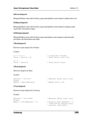 Dasar Pemrograman Visual Basic                                            Hendra, S.T.



IsError(ekspresi)

Mengembalikan suatu nilai boolean yang menunjukkan suatu ekspresi adalah nilai error

IsObject(ekspresi)

Mengembalikan suatu nilai boolean yang menunjukkan suatu ekspresi mengacu pada
suatu OLE Automation object.

IsMissing(argname)

Mengembalikan suatu nilai boolean yang menunjukan suatu argumen optional pada
procedure ada dilewatkan atau tidak

CBool(ekspresi)

Konversi suatu ekspresi ke boolean

Contoh :

A = 5: B = 5                                ' Inisialiasi variabel
Check = CBool(A = B)                        ' Check berisi nilai True

A = 0
Check = CBool(A)                            ' Check berisi False.

CByte(ekspresi)

Konversi ekspresi ke Byte

Contoh :

MyDouble = 125.5678                         ' MyDouble adalah suatu nilai
Double
MyByte = CByte(MyDouble)                    ' MyByte berisi 126.

CCur(ekspresi)

Konversi suatu ekspresi ke Currency

Contoh :

MyDouble = 543.214588                       ' MyDouble adalah suatu nilai
Double.
MyCurr = CCur(MyDouble * 2)                 ' Konversi hasil MyDouble * 2
                                            ' (1086.429176) menjadi suatu
                                            ' Currency (1086.4292).



Indoprog                                                                        168
 