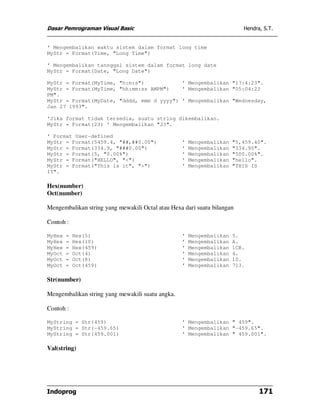 Dasar Pemrograman Visual Basic                                           Hendra, S.T.


' Mengembalikan waktu sistem dalam format long time
MyStr = Format(Time, "Long Time")

' Mengembalikan tannggal sistem dalam format long date
MyStr = Format(Date, "Long Date")

MyStr = Format(MyTime, "h:m:s")            ' Mengembalikan "17:4:23".
MyStr = Format(MyTime, "hh:mm:ss AMPM")    ' Mengembalikan "05:04:23
PM".
MyStr = Format(MyDate, "dddd, mmm d yyyy") ' Mengembalikan "Wednesday,
Jan 27 1993".

'Jika format tidak tersedia, suatu string dikembalikan.
MyStr = Format(23) ' Mengembalikan "23".

' Format User-defined
MyStr = Format(5459.4, "##,##0.00")               '   Mengembalikan   "5,459.40".
MyStr = Format(334.9, "###0.00")                  '   Mengembalikan   "334.90".
MyStr = Format(5, "0.00%")                        '   Mengembalikan   "500.00%".
MyStr = Format("HELLO", "<")                      '   Mengembalikan   "hello".
MyStr = Format("This is it", ">")                 '   Mengembalikan   "THIS IS
IT".

Hex(number)
Oct(number)

Mengembalikan string yang mewakili Octal atau Hexa dari suatu bilangan

Contoh :

MyHex   =   Hex(5)                                '   Mengembalikan   5.
MyHex   =   Hex(10)                               '   Mengembalikan   A.
MyHex   =   Hex(459)                              '   Mengembalikan   1CB.
MyOct   =   Oct(4)                                '   Mengembalikan   4.
MyOct   =   Oct(8)                                '   Mengembalikan   10.
MyOct   =   Oct(459)                              '   Mengembalikan   713.

Str(number)

Mengembalikan string yang mewakili suatu angka.

Contoh :

MyString = Str(459)                               ' Mengembalikan " 459".
MyString = Str(-459.65)                           ' Mengembalikan "-459.65".
MyString = Str(459.001)                           ' Mengembalikan " 459.001".

Val(string)




Indoprog                                                                       171
 