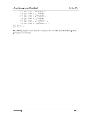 Dasar Pemrograman Visual Basic                                            Hendra, S.T.

       Case 12:    angka   =   "Duabelas "
       Case 13:    angka   =   "Tigabelas "
       Case 14:    angka   =   "Empatbelas "
       Case 15:    angka   =   "Limabelas "
       Case 16:    angka   =   "Enambelas "
       Case 17:    angka   =   "Tujuhbelas "
       Case 18:    angka   =   "Delapanbelas "
       Case 19:    angka   =   "Sembilanbelas "
End Select
End Function

Ok, akhirnya segala sesuatu menjadi sederhana kalau kita telah memahami konsep dasar
pemecahan masalahanya.




Indoprog                                                                        187
 
