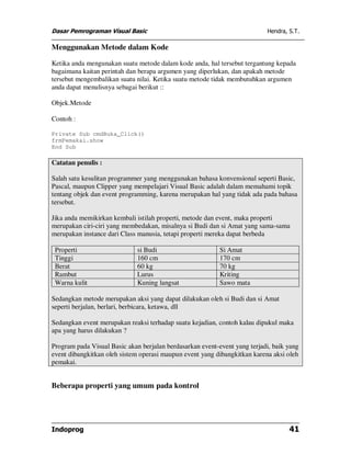 Dasar Pemrograman Visual Basic                                             Hendra, S.T.

Menggunakan Metode dalam Kode

Ketika anda mengunakan suatu metode dalam kode anda, hal tersebut tergantung kepada
bagaimana kaitan perintah dan berapa argumen yang diperlukan, dan apakah metode
tersebut mengembalikan suatu nilai. Ketika suatu metode tidak membutuhkan argumen
anda dapat menulisnya sebagai berikut ::

Objek.Metode

Contoh :

Private Sub cmdBuka_Click()
frmPemakai.show
End Sub

Catatan penulis :

Salah satu kesulitan programmer yang menggunakan bahasa konvensional seperti Basic,
Pascal, maupun Clipper yang mempelajari Visual Basic adalah dalam memahami topik
tentang objek dan event programming, karena merupakan hal yang tidak ada pada bahasa
tersebut.

Jika anda memikirkan kembali istilah properti, metode dan event, maka properti
merupakan ciri-ciri yang membedakan, misalnya si Budi dan si Amat yang sama-sama
merupakan instance dari Class manusia, tetapi properti mereka dapat berbeda

 Properti                     si Budi                      Si Amat
 Tinggi                       160 cm                       170 cm
 Berat                        60 kg                        70 kg
 Rambut                       Lurus                        Kriting
 Warna kulit                  Kuning langsat               Sawo mata

Sedangkan metode merupakan aksi yang dapat dilakukan oleh si Budi dan si Amat
seperti berjalan, berlari, berbicara, ketawa, dll

Sedangkan event merupakan reaksi terhadap suatu kejadian, contoh kalau dipukul maka
apa yang harus dilakukan ?

Program pada Visual Basic akan berjalan berdasarkan event-event yang terjadi, baik yang
event dibangkitkan oleh sistem operasi maupun event yang dibangkitkan karena aksi oleh
pemakai.


Beberapa properti yang umum pada kontrol




Indoprog                                                                           41
 