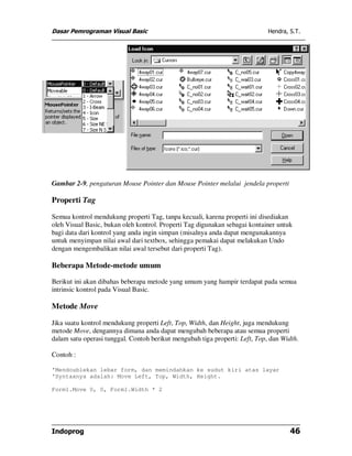 Dasar Pemrograman Visual Basic                                               Hendra, S.T.




Gambar 2-9, pengaturan Mouse Pointer dan Mouse Pointer melalui jendela properti

Properti Tag

Semua kontrol mendukung properti Tag, tanpa kecuali, karena properti ini disediakan
oleh Visual Basic, bukan oleh kontrol. Properti Tag digunakan sebagai kontainer untuk
bagi data dari kontrol yang anda ingin simpan (misalnya anda dapat mengunakannya
untuk menyimpan nilai awal dari textbox, sehingga pemakai dapat melakukan Undo
dengan mengembalikan nilai awal tersebut dari properti Tag).

Beberapa Metode-metode umum

Berikut ini akan dibahas beberapa metode yang umum yang hampir terdapat pada semua
intrinsic kontrol pada Visual Basic.

Metode Move

Jika suatu kontrol mendukung properti Left, Top, Width, dan Height, juga mendukung
metode Move, dengannya dimana anda dapat mengubah beberapa atau semua properti
dalam satu operasi tunggal. Contoh berikut mengubah tiga properti: Left, Top, dan Width.

Contoh :

'Mendoublekan lebar form, dan memindahkan ke sudut kiri atas layar
'Syntaxnya adalah: Move Left, Top, Width, Height.

Form1.Move 0, 0, Form1.Width * 2




Indoprog                                                                             46
 
