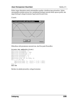 Dasar Pemrograman Visual Basic Hendra, S.T.
Indoprog 106
Kalau image digunakan untuk menampilkan gambar, demikian juga picturebox. Selain
menampilkan gambar picture box mendukung berbagai metoda untuk operasi grafik, dan
dapat berfungsi sebagai kontainer bagi kontrol-kontrol lain.
Contoh :
Dihasilkan oleh pemakaian metoda Line, dan Pset pada PictureBox
Private Sub cmdGrafik_Click()
MyPicture.ScaleMode = 0
MyPicture.ScaleWidth = 360
MyPicture.ScaleHeight = 2
MyPicture.ScaleLeft = 0
MyPicture.ScaleTop = -1
MyPicture.Line (0, 0)-(360, 0)
For i = 0 To 360
MyPicture.PSet (i, -Sin(i * 3.14 / 180))
MyPicture.PSet (i, -Cos(i * 3.14 / 180))
Next i
End Sub
Berikut ini adalah picturebox sebagai kontainer.
 
