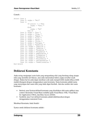 Dasar Pemrograman Visual Basic Hendra, S.T.
Indoprog 20
Contoh :
Select Case x
Case 0: angka = "Nol"
Case 1:
If posisi = 1 Then
angka = "Satu "
Else
angka = "Se"
End If
Case 2: angka = "Dua "
Case 3: angka = "Tiga "
Case 4: angka = "Empat "
Case 5: angka = "Lima "
Case 6: angka = "Enam "
Case 7: angka = "Tujuh "
Case 8: angka = "Delapan "
Case 9: angka = "Sembilan "
Case 10: angka = "Sepuluh "
Case 11: angka = "Sebelas "
Case 12: angka = "Duabelas "
Case 13: angka = "Tigabelas "
Case 14: angka = "Empatbelas "
Case 15: angka = "Limabelas "
Case 16: angka = "Enambelas "
Case 17: angka = "Tujuhbelas "
Case 18: angka = "Delapanbelas "
Case 19: angka = "Sembilanbelas "
End Select
Deklarasi Konstanta
Anda sering menjumpai suatu kode yang mengandung nilai yang berulang-ulang ataupu
nilai yang memiliki arti khusus, atau anda menemukan bahwa angka tersebut susah
diingat. Dalam hal ini anda dapat membuat code anda menjadi lebih mudah dibaca-lebih
mudah ditangani-dengan menggunakan suatu konstanta. Suatu konstanta adalah nama
yang menyimpan dari suatu nilai yang tidak dapat berubah. Ada dua sumber dari suatu
konstanta :
• Intrinsic atau System-defined konstanta yang disediakan oleh suatu aplikasi atau
control. Konstanta Visual Basic terdaftar pada Visual Basic (VB), Visual Basic
for Application (VBA), dan Data Access (DAO).
• Symbolic atau User-defined konstanta adalah dideklarasikan dengan
menggunakan statement Const.
Membuat Konstanta Anda Sendiri
Syntax untuk deklarasi konstanta adalah :
 