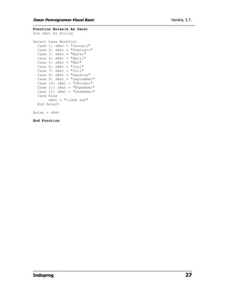 Dasar Pemrograman Visual Basic Hendra, S.T.
Indoprog 27
Function Bulan(x As Date)
Dim sRet As String
Select Case Month(x)
Case 1: sRet = "Januari"
Case 2: sRet = "Februari"
Case 3: sRet = "Maret"
Case 4: sRet = "April"
Case 5: sRet = "Mei"
Case 6: sRet = "Juni"
Case 7: sRet = "Juli"
Case 8: sRet = "Agustus"
Case 9: sRet = "September"
Case 10: sRet = "Oktober"
Case 11: sRet = "Nopember"
Case 12: sRet = "Desember"
Case Else
sRet = "tidak sah"
End Select
Bulan = sRet
End Function
 