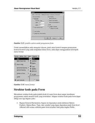 Dasar Pemrograman Visual Basic Hendra, S.T.
Indoprog 52
Gambar 2-13, jendela option untuk pengaturan form
Untuk memudahkan anda mengatur ukuran, jarak antar kontrol maupun pemerataan
kontrol-kontrol yang anda tempatkan diatas form, anda dapat menggunakan kelompok
menu format
Gambar 2-14, menu format
Struktur kode pada Form
Memahami struktur kode pada jendela kode di suatu form akan sangat membantu
programmer untuk menulis kode yang terstruktur. Adapun struktur kode pada form dapat
dibagi atas tiga bagian yaitu :
• Bagian General Declaration, bagian ini digunakan untuk deklarasi Option
Explicit, Option Base, Type, dan variabel yang dapat digunakan pada form level
(dikenal oleh semua subrutin pada form tersebut) baik pada tingkat Public
 
