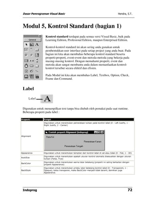Dasar Pemrograman Visual Basic Hendra, S.T.
Indoprog 72
Modul 5, Kontrol Standard (bagian 1)
Kontrol standard terdapat pada semua versi Visual Basic, baik pada
Learning Edition, Profesional Edition, maupun Enterprised Edition.
Kontrol-kontrol standard ini akan sering anda gunakan untuk
pembentukkan user interface pada setiap project yang anda buat. Pada
bagian ini kita akan membahas beberapa kontrol standard beserta
properti-properti, event-event dan metoda-metoda yang bekerja pada
masing-masing kontrol. Dengan memahami properti, event dan
metoda akan sangat membantu anda dalam memanfaatkan kontrol-
kontrol tersebut secara efektif dan efisien.
Pada Modul ini kita akan membahas Label, Textbox, Option, Check,
Frame dan Command.
Label
Digunakan untuk menampilkan text tanpa bisa diubah oleh pemakai pada saat runtime.
Beberapa properti pada label :
Properti Fungsi
Alignment
Digunakan untuk menentukan pemerataan tulisan pada kontrol label (0 - Left Justify, 1 -
Right Justify, 2 - Center)
Appearance Digunakan untuk menentukan tampilan dari kontrol label di cat atau tidak (0 - Flat, 1 - 3D)
AutoSize
Digunakan untuk menentukan apakah ukuran kontrol otomatis disesuaikan dengan ukuran
tulisan (False, True)
BackColor
Digunakan untuk menentukan warna latar belakang (properti ini saling berkaitan dengan
properti Appearance)
BackStyle
Digunakan untuk menentukan prilaku latar belakang kontrol label (0 - Transparent, 1 -
Opaque), kalau transparan, maka BackColor menjadi tidak berarti, demikian juga
Appearance.
 