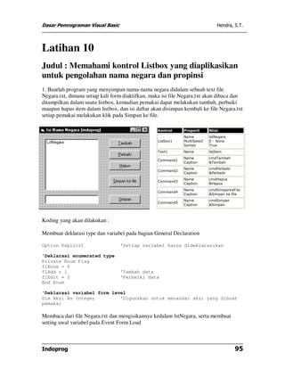 Dasar Pemrograman Visual Basic Hendra, S.T.
Indoprog 95
Latihan 10
Judul : Memahami kontrol Listbox yang diaplikasikan
untuk pengolahan nama negara dan propinsi
1. Buatlah program yang menyimpan nama-nama negara didalam sebuah text file
Negara.txt, dimana setiap kali form diaktifkan, maka isi file Negara.txt akan dibaca dan
ditampilkan dalam suatu listbox, kemudian pemakai dapat melakukan tambah, perbaiki
maupun hapus item dalam listbox, dan isi daftar akan disimpan kembali ke file Negara.txt
setiap pemakai melakukan klik pada Simpan ke file.
Kontrol Properti Nilai
Listbox1
Name
MultiSelect
Sorted
lstNegara
0 - None
True
Text1 Name lstItem
Command1
Name
Caption
cmdTambah
&Tambah
Command2
Name
Caption
cmdPerbaiki
&Perbaiki
Command3
Name
Caption
cmdHapus
&Hapus
Command4
Name
Caption
cmdSimpankeFile
&Simpan ke file
Command5
Name
Caption
cmdSimpan
&Simpan
Koding yang akan dilakukan :
Membuat deklarasi type dan variabel pada bagian General Declaration
Option Explicit 'Setiap variabel harus dideklarasikan
'Deklarasi enumerated type
Private Enum Flag
flNone = 0
flAdd = 1 'Tambah data
flEdit = 2 'Perbaiki data
End Enum
'Deklarasi variabel form level
Dim Aksi As Integer 'Digunakan untuk menandai aksi yang dibuat
pemakai
Membaca dari file Negara.txt dan mengisikannya kedalam lstNegara, serta membuat
setting awal variabel pada Event Form Load
 