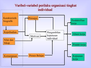 Varibel-variabel perilaku organisasi tingkat individual  Karakteristik biografik Kepribadian. Nilai dan  Sikap Kemampuan Motivasi Proses Belajar Persepsi Pengambilan keputusan individual Produktifitas kerja Absen kerja Pindah kerja Kepuasan  kerja 