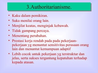 3.Authoritarianisme. Kaku dalam pemikiran. Suka menilai orang lain. Menjilat keatas, menginjak kebawah. Tidak gampang percaya. Menentang perubahan. Prestasi kerja rendah pada pada pekerjaan-pekerjaan yg menuntut sensitivitas perasaan orang lain dan menuntut kemampuan adaptif Lebih cocok untuk pekerjaan yg terstruktur dan jelas, serta sukses tergantung kepatuhan terhadap kepada atasan.  