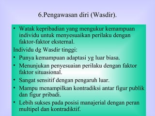 6.Pengawasan diri (Wasdir). Watak kepribadian yang mengukur kemampuan individu untuk menyesuaikan perilaku dengan faktor-faktor eksternal. Individu dg Wasdir tinggi: Punya kemampuan adaptasi yg luar biasa. Menunjukan penyesuaian perilaku dengan faktor faktor situasional. Sangat sensitif dengan pengaruh luar. Mampu menampilkan kontradiksi antar figur publik dan figur pribadi. Lebih sukses pada posisi manajerial dengan peran multipel dan kontradiktif. 