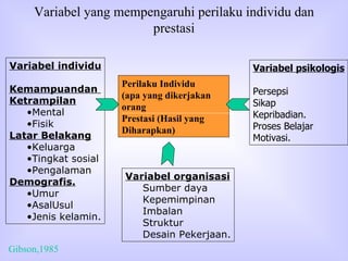 Variabel yang mempengaruhi perilaku individu dan prestasi Variabel individu Kemampuandan  Ketrampilan Mental Fisik Latar Belakang Keluarga Tingkat sosial Pengalaman Demografis. Umur AsalUsul Jenis kelamin. Perilaku Individu (apa yang dikerjakan orang Prestasi (Hasil yang Diharapkan) Variabel organisasi Sumber daya Kepemimpinan Imbalan Struktur Desain Pekerjaan. Variabel psikologis Persepsi Sikap Kepribadian. Proses Belajar Motivasi. Gibson,1985 