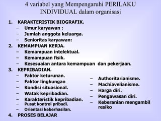 4 variabel yang Mempengaruhi PERILAKU INDIVIDUAL dalam organisasi KARAKTERISTIK BIOGRAFIK. Umur karyawan :  Jumlah anggota keluarga.  Senioritas karyawan: KEMAMPUAN KERJA. Kemampuan intelektual. Kemampuan fisik. Kesesuaian antara kemampuan  dan pekerjaan. KEPRIBADIAN. Faktor keturunan. Faktor lingkungan  Kondisi situasional. Watak kepribadian. Karakteristik kepribadian. Pusat kontrol pribadi. Orientasi keberhasilan. PROSES BELAJAR Authoritarianisme. Machiavelianisme. Harga diri. Pengawasan diri. Keberanian mengambil resiko 