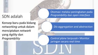 SDN adalah
Otomasi melalui peningkatan pada
Programbility dan open interface
Dis-aggregation and abstraction
Control plane terpusat= Monitor
jaringan secara real time
Konsep baru pada bidang
networking untuk dalam
menciptakan network
yang Agility dan
Programbility
 