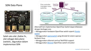 SDN Data Plane
Salah satu alat ,Zodiac fx ,
alat sebagai data plane
(switch) , digunakan dalam
implementasi SDN
Alternatif lain implementasi OpenFlow Switch dapat dilakukan
dengan berbagai cara
– Menggunakan hardware OpenFlow switch seperti Pronto
Switch
– Menggunakan openvswitch yang diinstall di sistem operasi
berbasis linux
– Menggunakan ethernet card w/ NetFPGA support
– Menggunakan Mininet OpenFlow switch emulator
This Photo from SDN Fundamental [ppt]
 