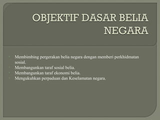 • Membimbing pergerakan belia negara dengan memberi perkhidmatan
sosial.
• Membangunkan taraf sosial belia.
• Membangunkan taraf ekonomi belia.
• Mengukuhkan perpaduan dan Keselamatan negara.
 