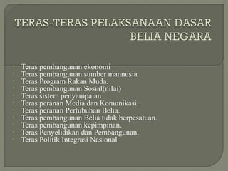 • Teras pembangunan ekonomi
• Teras pembangunan sumber mannusia
• Teras Program Rakan Muda.
• Teras pembangunan Sosial(nilai)
• Teras sistem penyampaian
• Teras peranan Media dan Komunikasi.
• Teras peranan Pertubuhan Belia.
• Teras pembangunan Belia tidak berpesatuan.
• Teras pembangunan kepimpinan.
• Teras Penyelidikan dan Pembangunan.
• Teras Politik Integrasi Nasional
 