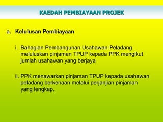 KAEDAH PEMBIAYAAN PROJEK


a. Kelulusan Pembiayaan

  i. Bahagian Pembangunan Usahawan Peladang
     meluluskan pinjaman TPUP kepada PPK mengikut
     jumlah usahawan yang berjaya

  ii. PPK menawarkan pinjaman TPUP kepada usahawan
      peladang berkenaan melalui perjanjian pinjaman
      yang lengkap.
 
