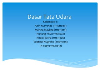 Dasar Tata Udara
           Kelompok 2 :
   Airin Nuryanda (111611004)
   Martha Maulina (111611019)
    Nunung YFM (111611022)
    Rizaldi Satria (111611026)
  Septiadi Nugroho (111611029)
       Tri Yudy (111611032)
 