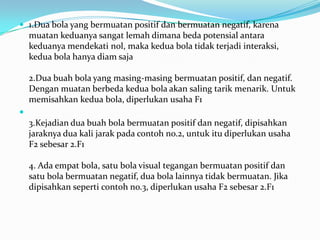  1.Dua bola yang bermuatan positif dan bermuatan negatif, karena
muatan keduanya sangat lemah dimana beda potensial antara
keduanya mendekati nol, maka kedua bola tidak terjadi interaksi,
kedua bola hanya diam saja
2.Dua buah bola yang masing-masing bermuatan positif, dan negatif.
Dengan muatan berbeda kedua bola akan saling tarik menarik. Untuk
memisahkan kedua bola, diperlukan usaha F1

3.Kejadian dua buah bola bermuatan positif dan negatif, dipisahkan
jaraknya dua kali jarak pada contoh no.2, untuk itu diperlukan usaha
F2 sebesar 2.F1
4. Ada empat bola, satu bola visual tegangan bermuatan positif dan
satu bola bermuatan negatif, dua bola lainnya tidak bermuatan. Jika
dipisahkan seperti contoh no.3, diperlukan usaha F2 sebesar 2.F1
 