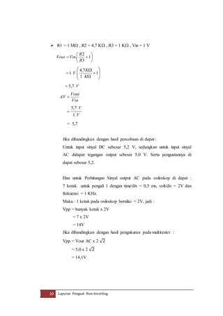  R1 = 1 M , R2 = 4,7 K , R3 = 1 K , Vin = 1 V 
 
 
 
 
2 
R 
Vout Vin 
 1 
. 
R 
 
 
3 
 
  
4,7 
K 
V 
 1 
 
 
  
1 . 
 
 
 
K 
 
1 
 5,7 V 
V out 
Vin 
AV  
V 
7, 5 
 
V 
1 
= 5,7 
Jika dibandingkan dengan hasil percobaan di dapat : 
Untuk input sinyal DC sebesar 5,2 V, sedangkan untuk input sinyal 
AC didapat tegangan output sebesar 5,0 V. Serta penguatannya di 
dapat sebesar 5,2. 
Dan untuk Perhitungan Sinyal output AC pada osiloskop di dapat : 
7 kotak untuk pengali 1 dengan time/div = 0,5 ms, volt/div = 2V dan 
frekuensi = 1 KHz. 
Maka : 1 kotak pada osiloskop bernilai = 2V, jadi : 
Vpp = banyak kotak x 2V 
= 7 x 2V 
= 14V 
Jika dibandingkan dengan hasil pengukuran pada multitester : 
Vpp = Vout AC x 2 √2 
= 5,0 x 2 √2 
= 14,1V 
10 Laporan Penguat Non-Inverting 
 