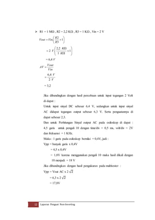  R1 = 1 M , R2 = 2,2 K , R3 = 1 K , Vin = 2 V 
 
 
 
 
2 
R 
Vout Vin 
 1 
. 
R 
 
 
3 
 
  
2,2 
K 
V 
 1 
 
 
  
2 . 
 
 
 
K 
 
1 
= 6,4 V 
Vout 
Vin 
AV  
V 
V 
4 , 6 
 
2 
= 3,2 
Jika dibandingkan dengan hasil percobaan untuk input tegangan 2 Volt 
di dapat : 
Untuk input sinyal DC sebesar 6,4 V, sedangkan untuk input sinyal 
AC didapat tegangan output sebesar 6,3 V. Serta penguatannya di 
dapat sebesar 2,3. 
Dan untuk Perhitungan Sinyal output AC pada osiloskop di dapat : 
4,5 garis untuk pengali 10 dengan time/div = 0,5 ms, volt/div = 2V 
dan frekuensi = 1 KHz. 
Maka : 1 garis pada osiloskop bernilai = 0,4V, jadi : 
Vpp = banyak garis x 0,4V 
= 4,5 x 0,4V 
= 1,8V karena menggunakan pengali 10 maka hasil dikali dengan 
10 menjadi = 18 V 
Jika dibandingkan dengan hasil pengukuran pada multitester : 
Vpp = Vout AC x 2 √2 
= 6,3 x 2 √2 
= 17,8V 
12 Laporan Penguat Non-Inverting 
 