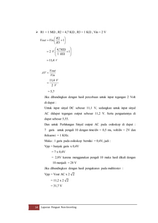  R1 = 1 M , R2 = 4,7 K , R3 = 1 K , Vin = 2 V 
 
 
 
 
2 
R 
Vout Vin 
 1 
. 
R 
 
 
3 
 
 
 
4,7 
K 
V 
 1 
 
 
 
 
2 . 
 
 
 
K 
 
1 
11,4 V 
Vout 
Vin 
AV  
V 
4, 11 
 
V 
2 
= 5,7 
Jika dibandingkan dengan hasil percobaan untuk input tegangan 2 Volt 
di dapat : 
Untuk input sinyal DC sebesar 11,1 V, sedangkan untuk input sinyal 
AC didapat tegangan output sebesar 11,2 V. Serta penguatannya di 
dapat sebesar 5,55. 
Dan untuk Perhitungan Sinyal output AC pada osiloskop di dapat : 
7 garis untuk pengali 10 dengan time/div = 0,5 ms, volt/div = 2V dan 
frekuensi = 1 KHz. 
Maka : 1 garis pada osiloskop bernilai = 0,4V, jadi : 
Vpp = banyak garis x 0,4V 
= 7 x 0,4V 
= 2,8V karena menggunakan pengali 10 maka hasil dikali dengan 
10 menjadi = 28 V 
Jika dibandingkan dengan hasil pengukuran pada multitester : 
Vpp = Vout AC x 2 √2 
= 11,2 x 2 √2 
= 31,7 V 
14 Laporan Penguat Non-Inverting 
 