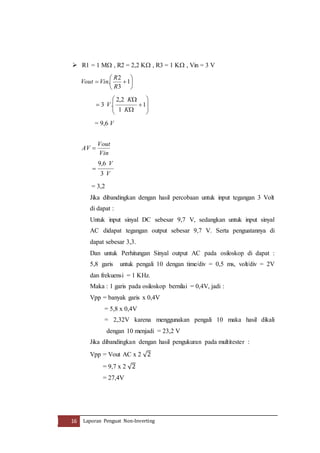  R1 = 1 M , R2 = 2,2 K , R3 = 1 K , Vin = 3 V 
 
 
 
 
2 
R 
Vout Vin 
 1 
. 
R 
 
 
3 
 
  
2,2 
K 
V 
 1 
 
 
  
3 . 
 
 
 
K 
 
1 
= 9,6 V 
Vout 
Vin 
AV  
V 
V 
6, 9 
 
3 
= 3,2 
Jika dibandingkan dengan hasil percobaan untuk input tegangan 3 Volt 
di dapat : 
Untuk input sinyal DC sebesar 9,7 V, sedangkan untuk input sinyal 
AC didapat tegangan output sebesar 9,7 V. Serta penguatannya di 
dapat sebesar 3,3. 
Dan untuk Perhitungan Sinyal output AC pada osiloskop di dapat : 
5,8 garis untuk pengali 10 dengan time/div = 0,5 ms, volt/div = 2V 
dan frekuensi = 1 KHz. 
Maka : 1 garis pada osiloskop bernilai = 0,4V, jadi : 
Vpp = banyak garis x 0,4V 
= 5,8 x 0,4V 
= 2,32V karena menggunakan pengali 10 maka hasil dikali 
dengan 10 menjadi = 23,2 V 
Jika dibandingkan dengan hasil pengukuran pada multitester : 
Vpp = Vout AC x 2 √2 
= 9,7 x 2 √2 
= 27,4V 
16 Laporan Penguat Non-Inverting 
 
