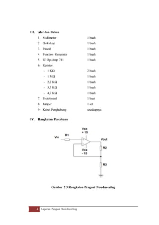 III. Alat dan Bahan 
1. Multimeter 1 buah 
2. Osiloskop 1 buah 
3. Pascal 1 buah 
4. Function Generator 1 buah 
5. IC Op-Amp 741 1 buah 
6. Resistor 
- 1 KΩ 2 buah 
- 1 MΩ 1 buah 
- 2,2 KΩ 1 buah 
- 3,3 KΩ 1 buah 
- 4,7 KΩ 1 buah 
7. Protoboard 1 buat 
8. Jumper 1 set 
9. Kabel Penghubung secukupnya 
IV. Rangkaian Percobaan 
Gambar 2.3 Rangkaian Penguat Non-Inverting 
4 Laporan Penguat Non-Inverting 
 
