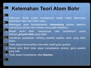 Kelemahan Teori Atom Bohr 
 Walaupun dinilai sudah revolusioner, tetapi masih ditemukan 
kelemahan teori atom Bohr yaitu: 
 Melanggar asas ketidakpastian Heisenberg karena elektron 
mempunyai jari-jari dan lintasan yang telah diketahui. 
 Model atom Bohr mempunyai nilai momentum sudut 
lintasan ground state yang salah. 
 Lemahnya penjelasan tentang prediksi spektra atom yang lebih 
besar. 
 Tidak dapat memprediksi intensitas relatif garis spektra. 
 Model atom Bohr tidak dapat menjelaskan struktur garis spektra 
yang baik. 
 Tidak dapat menjelaskan efek Zeeman. 
 
