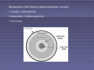 Berdasarkan sifat fisiknya dapat dibedakan menjadi:
• Litosfer ( Lithosphere)
• Astenosfer ( Asthenosphere)
• Inti (Core)
 