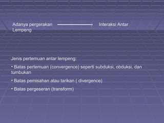 Adanya pergerakan                         Interaksi Antar
Lempeng




Jenis pertemuan antar lempeng:
• Batas pertemuan (convergence) seperti subduksi, obduksi, dan
tumbukan
• Batas pemisahan atau tarikan ( divergence)
• Batas pergeseran (transform)
 