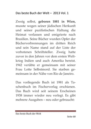 Das beste Buch der Welt – 2013 Vol. 1

Zweig selbst, geboren 1881 in Wien,
musste wegen seiner jüdischen Herkunft
und seiner pazifistischen Haltung die
Heimat verlassen und emigrierte nach
Brasilien. Seine Bücher wurden Opfer der
Bücherverbrennungen im dritten Reich
und sein Name stand auf der Liste der
verbotenen Schriftsteller. Zweig hatte
zuvor in den Jahren vor dem ersten Welt-
krieg Indien und auch Amerika bereist.
1942 verübte er gemeinsam mit seiner
Frau Lotte Selbstmord. Sie starben ge-
meinsam in der Nähe von Rio de Janeiro.

Das vorliegende Buch ist 1981 als Ta-
schenbuch im Fischerverlag erschienen.
Das Buch wird seit seinem Erscheinen
1938 immer wieder neu verlegt. Es gibt
mehrere Ausgaben – neu oder gebraucht:



Das beste Buch der Welt
                                    Seite 60
 
