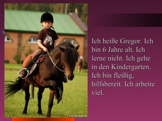 Ich heiße Gregor. IchIch heiße Gregor. Ich
bin 6 Jahre alt. Ichbin 6 Jahre alt. Ich
lerne nicht. Ich gehelerne nicht. Ich gehe
in den Kindergarten.in den Kindergarten.
Ich bin fleißig,Ich bin fleißig,
hilfsbereit. Ich arbeitehilfsbereit. Ich arbeite
viel.viel.
 