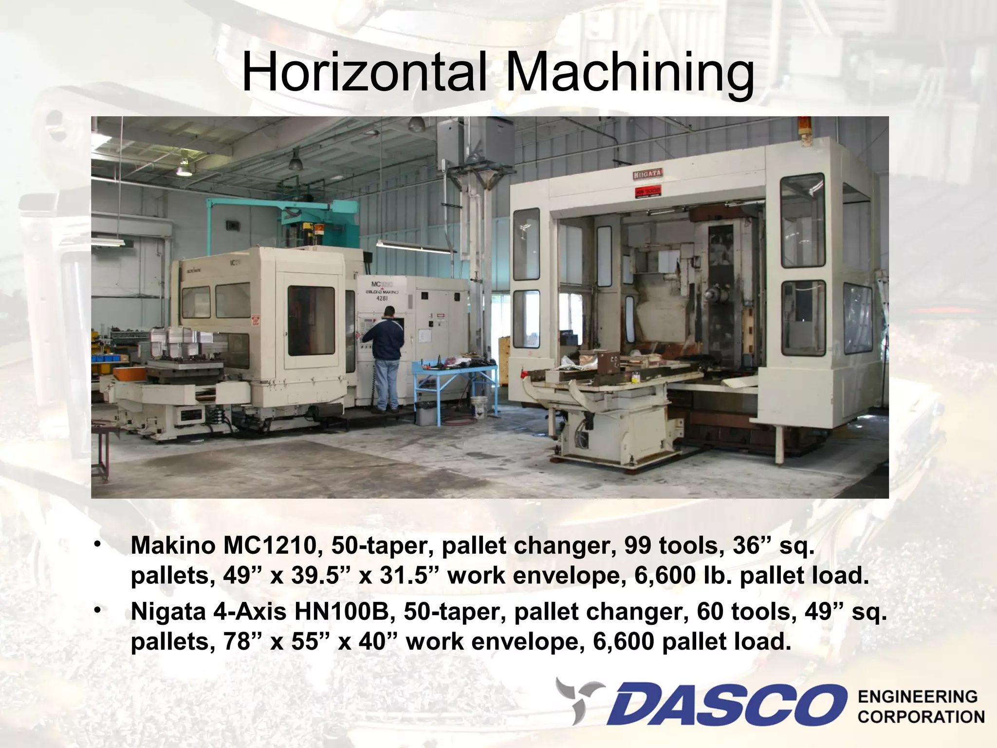 Horizontal Machining




•   Makino MC1210, 50-taper, pallet changer, 99 tools, 36” sq.
    pallets, 49” x 39.5” x 31.5” work envelope, 6,600 lb. pallet load.
•   Nigata 4-Axis HN100B, 50-taper, pallet changer, 60 tools, 49” sq.
    pallets, 78” x 55” x 40” work envelope, 6,600 pallet load.
 