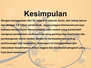Sukan KomanwelPengenalanSukan Komanwel adalah acara pelbagai jenis sukan. Dilangsungkan setiap empat tahun sekali, melibatkan atlet elit dari negara-negara Komanwel. Kehadiran di Sukan Komanwel biasanya lebih kurang 5,000 atlet. Commonwealth Games Federation (CGF) ialah organisasi yang bertanggungjawab untuk hala tuju dan kuasa Sukan Komanwel.