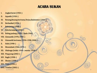 Sumbangan Malaysia Dalam Komanwel1. Menganjurkan mesyuarat CHOGM(1989)2. Mengisytiharkan Deklarasi Langkawi yang bersepakat mengawal dan mengatasi masalah pencemaran.3. Memberi peluang untuk menyuarakan penentangan terhadap dasar Apartheid di Afrika Selatan yang menyalahgunakan hak asasi manusia4. Eksport Malaysia ke negara Komanwel terutamanya Britain dikenakan cukai yang rendah tetapi keistimewaan ini ditarik balik selepas Britain menjadi anggota pertubuhan Kesatuan Eropah(EU)5.Rancangan Colombo menyediakan teknikal dan biasiswa dalam bidang pendidikan.22/04/20107Origanal presentation by Xenonz