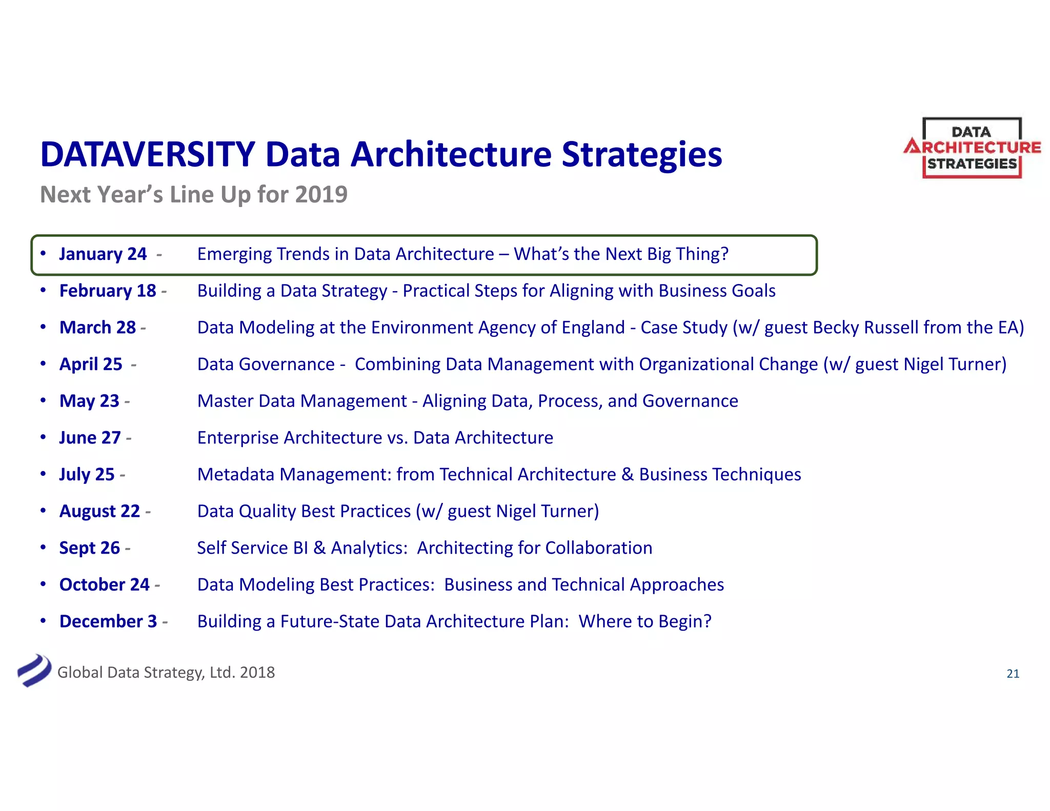 Global Data Strategy, Ltd. 2018
DATAVERSITY Data Architecture Strategies
• January 24 - Emerging Trends in Data Architecture – What’s the Next Big Thing?
• February 18 - Building a Data Strategy - Practical Steps for Aligning with Business Goals
• March 28 - Data Modeling at the Environment Agency of England - Case Study (w/ guest Becky Russell from the EA)
• April 25 - Data Governance - Combining Data Management with Organizational Change (w/ guest Nigel Turner)
• May 23 - Master Data Management - Aligning Data, Process, and Governance
• June 27 - Enterprise Architecture vs. Data Architecture
• July 25 - Metadata Management: from Technical Architecture & Business Techniques
• August 22 - Data Quality Best Practices (w/ guest Nigel Turner)
• Sept 26 - Self Service BI & Analytics: Architecting for Collaboration
• October 24 - Data Modeling Best Practices: Business and Technical Approaches
• December 3 - Building a Future-State Data Architecture Plan: Where to Begin?
21
Next Year’s Line Up for 2019
 