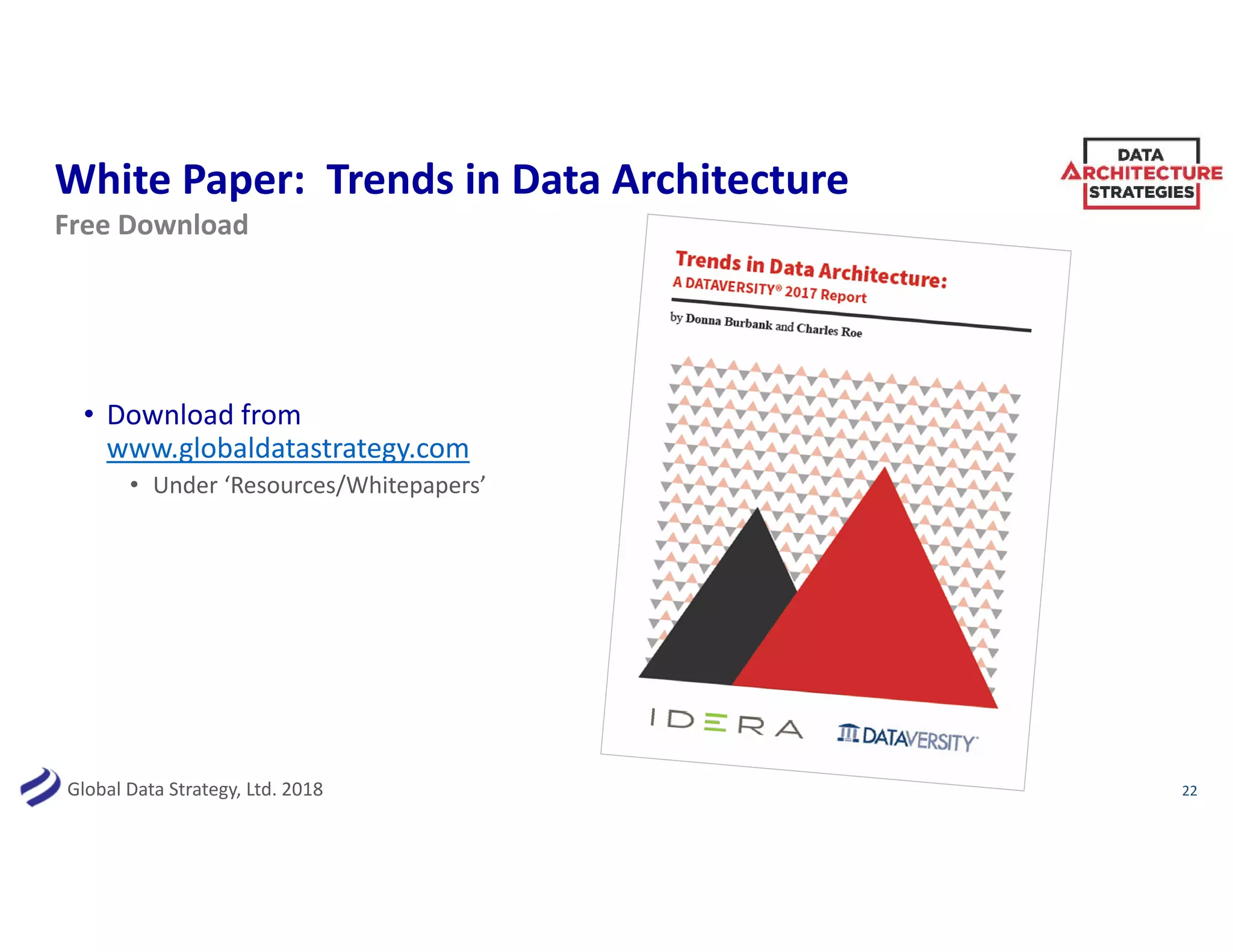 Global Data Strategy, Ltd. 2018
White Paper: Trends in Data Architecture
22
Free Download
• Download from
www.globaldatastrategy.com
• Under ‘Resources/Whitepapers’
 
