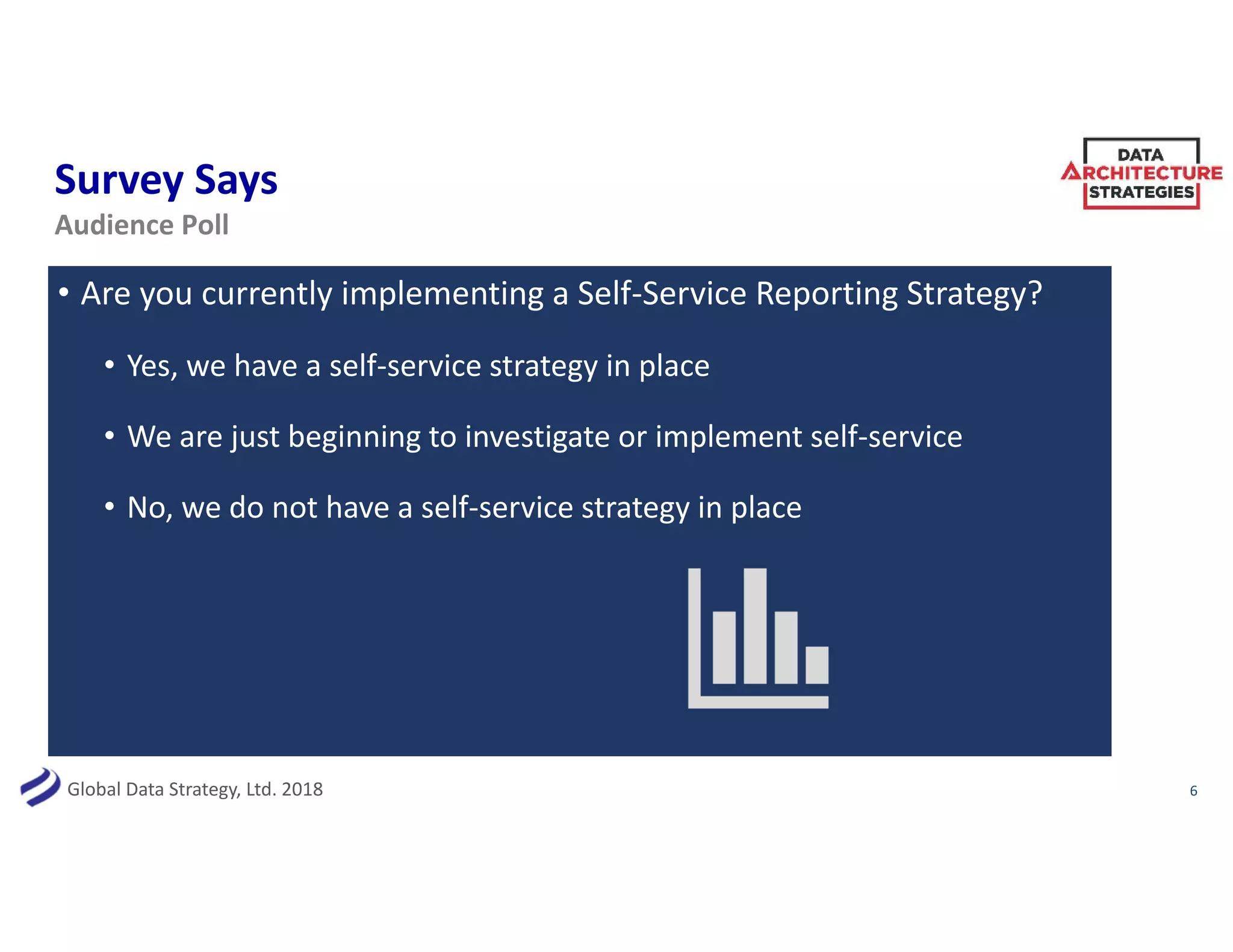 Global Data Strategy, Ltd. 2018
Survey Says
• Are you currently implementing a Self-Service Reporting Strategy?
• Yes, we have a self-service strategy in place
• We are just beginning to investigate or implement self-service
• No, we do not have a self-service strategy in place
6
Audience Poll
 