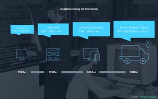Digitalisierung ist Evolution
Quelle: Vintage Everyday
„Computer?
Klar, haben wir.“
„Internet?
Klar, haben wir …“
„Smarte Devices?
Klar, haben wir …“
„Einen Moment, bitte.
Wir digitalisieren grade.“
1980er 1990er 2000er 2010er
 
