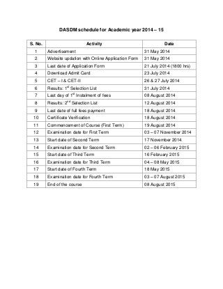 DASDM schedule for Academic year 2014 – 15
S. No. Activity Date
1 Advertisement 31 May 2014
2 Website updation with Online Application Form 31 May 2014
3 Last date of Application Form 21 July 2014 (1800 hrs)
4 Download Admit Card 23 July 2014
5 CET – I & CET-II 26 & 27 July 2014
6 Results: 1st
Selection List 31 July 2014
7 Last day of 1st
Instalment of fees 08 August 2014
8 Results: 2nd
Selection List 12 August 2014
9 Last date of full fees payment 18 August 2014
10 Certificate Verification 18 August 2014
11 Commencement of Course (First Term) 19 August 2014
12 Examination date for First Term 03 – 07 November 2014
13 Start date of Second Term 17 November 2014
14 Examination date for Second Term 02 – 06 February 2015
15 Start date of Third Term 16 February 2015
16 Examination date for Third Term 04 – 08 May 2015
17 Start date of Fourth Term 18 May 2015
18 Examination date for Fourth Term 03 – 07 August 2015
19 End of the course 08 August 2015
 