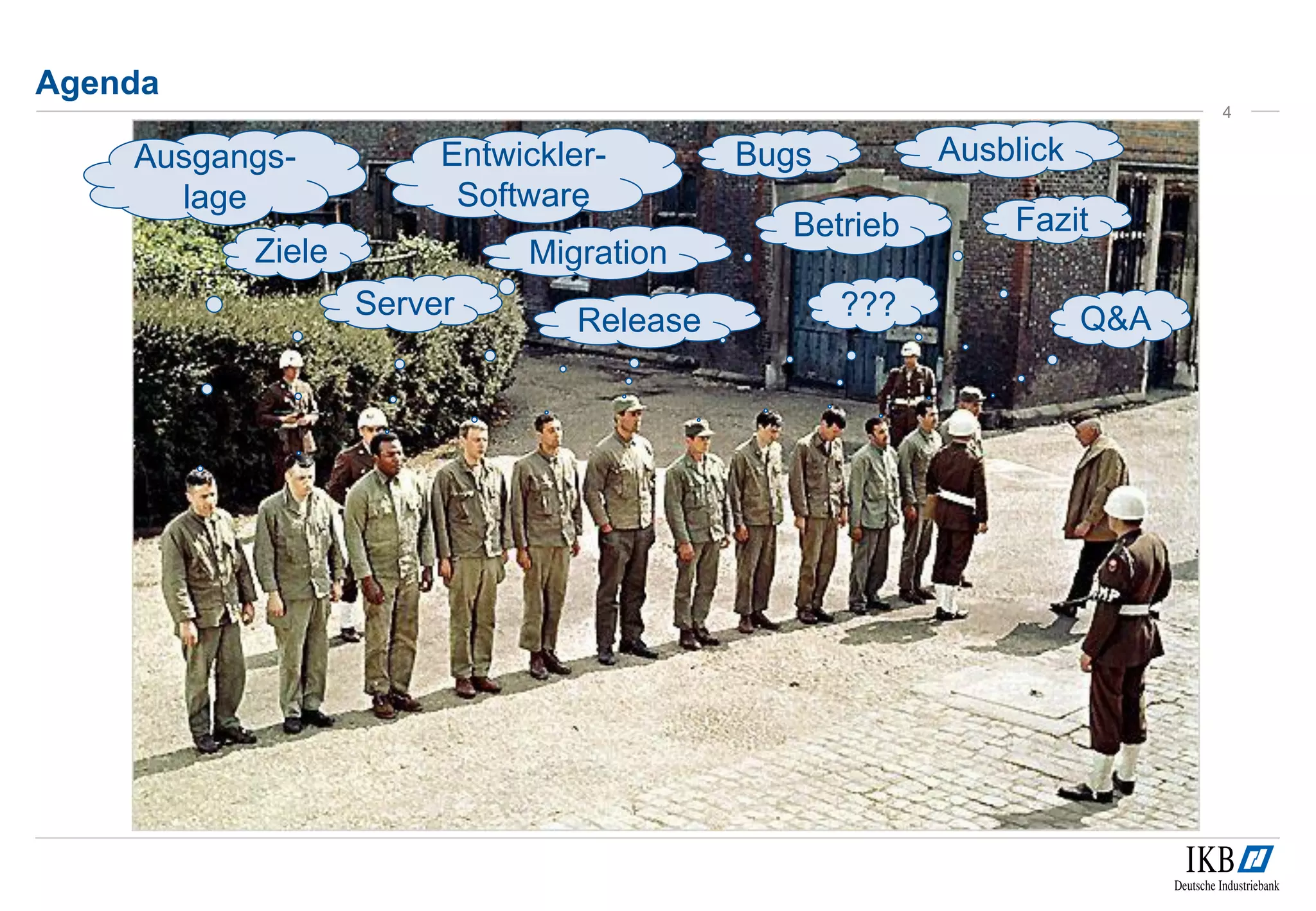 Agenda 
4 
Ausgangs-lage 
Ziele 
Server 
Entwickler- 
Software 
Migration 
Release 
Bugs 
Betrieb 
??? 
Fazit 
Ausblick 
Q&A 
 