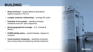 BUILDING A MOAT
• Scale and focus – largest flatbed & specialized
logistics capacity in the U.S.
• Lengthy customer relationships – average 20+ years
• Expertise of our people – operating company
presidents have 25+ years experience
• Broad geographical coverage – U.S., Canada &
Mexico
• $100M liability policy – protects Daseke, shippers &
investors
• Cycle-resistant companies – operating companies
have strong history of weathering industry downturns
13
 