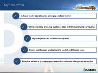 Key Takeaways
14
Industry leader operating in a strong specialized market✓
Complementary, blue-chip customer base further diversifying our revenue✓
Highly experienced oilfield industry team✓
Margin upside given strategic niche market and Daseke scale✓
Attractive valuation given company execution and material expected synergies✓
 