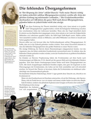 Von Darwins
Zeitalter bis heute
ist man bei keiner
einzigen Grabung
auf nur eine einzige
Übergangsform
gestoßen.
Darwin hat unter
der Überschrift "Das
Fehlen der geologi-
schen Funde" in sei-
nem Buch "Der
Ursprung der Arten"
angenommen, dass
die Fossilien der
Übergangsformen
nicht existieren.
Wenn diese Forderung der Theorie tatsächlich richtig wäre, dann müsste es in großer
Zahl "Übergangsformen" gegeben haben, welche die biologische Verbindung zwischen
den verschiedenen Arten der Lebewesen herstellen. Wenn also die Vögel tatsächlich durch
Evolution aus den Reptilien hervorgegangen wären, dann müsste es im Laufe der Erdgeschichte
Milliarden von Lebewesen gegeben haben, die Halb-Vogel Halb-Reptil waren. Hätten solche
Tiere tatsächlich existiert, müsste es Millionen, und selbst Milliarden von ihnen in Anzahl und
Sorten gegeben haben.
Darwin selbst war sich bewusst über das Nichtvorhandensein solcher Übergangsformen. Er
hoffte, dass sie in der Zukunft gefunden werden würden. Trotz seiner Zuversicht erkannte er,
dass die fehlenden Übergangsformen das größte Hindernis in seiner Theorie waren.
Die einzige Erklärung die Darwin diesen Beanstandungen entgegensetzen konnte, war das
Argument, dass die bisher entdeckten Fossilienfunde unzureichend seien. Er erklärte, dass die
fehlenden Glieder gefunden werden würden, wenn der Fossilnachweis in größeren Einzelheiten
erforscht worden sei.
Im Glauben an Darwins Prophezeiung haben die Evolutionisten auf ihrer Suche nach
Versteinerungen seit Mitte des 19. Jh. überall auf der ganzen Welt nach den fehlenden Gliedern
gegraben. Trotz ihrer besten Anstrengungen kamen bisher noch keine Übergangsformen ans
Licht. Alle durch Ausgrabungen erhaltenen Fossilien zeigten, dass ganz im Gegensatz zu den
Überzeugungen der Evolutionisten, das Leben auf der Erde unmittelbar und voll entwickelt
erschien. Im Versuch ihre Theorie zu beweisen, haben die Evolutionisten sie stattdessen unbe-
absichtigt zum Zusammenbruch gebracht.
Ein berühmter britischer Paläontologe, Derek V. Ager gesteht diese Tatsache ein, obwohl er ein
Evolutionist ist:
Wenn wir den Fossilnachweis im Einzelnen untersuchen, ob auf der Ordnungs- oder Spezies-
Ebene, tritt ein Punkt hervor: was wir immer und immer wieder finden ist nicht eine allmäh-
liche Evolution, sondern eine plötzliche Explosion einer Gruppe auf Kosten einer anderen.20
Die Schöpfung ist die einzige
Möglichkeit, das Auftreten
von voll ausgeformtem
Die fehlenden Übergangsformen
In “Der Ursprung der Arten” erklärt Darwin: “Falls meine Theorie richtig
ist, haben sicherlich zahllose Übergangsarten existiert, welche alle Arten der
gleichen Gattung eng miteinander verbanden...” Die Evolutionstheoretiker
durchsuchen seit 140 Jahren die ganze Welt nach diesen Übergangsformen,
gefunden haben sie jedoch bisher nicht eine einzige.
 